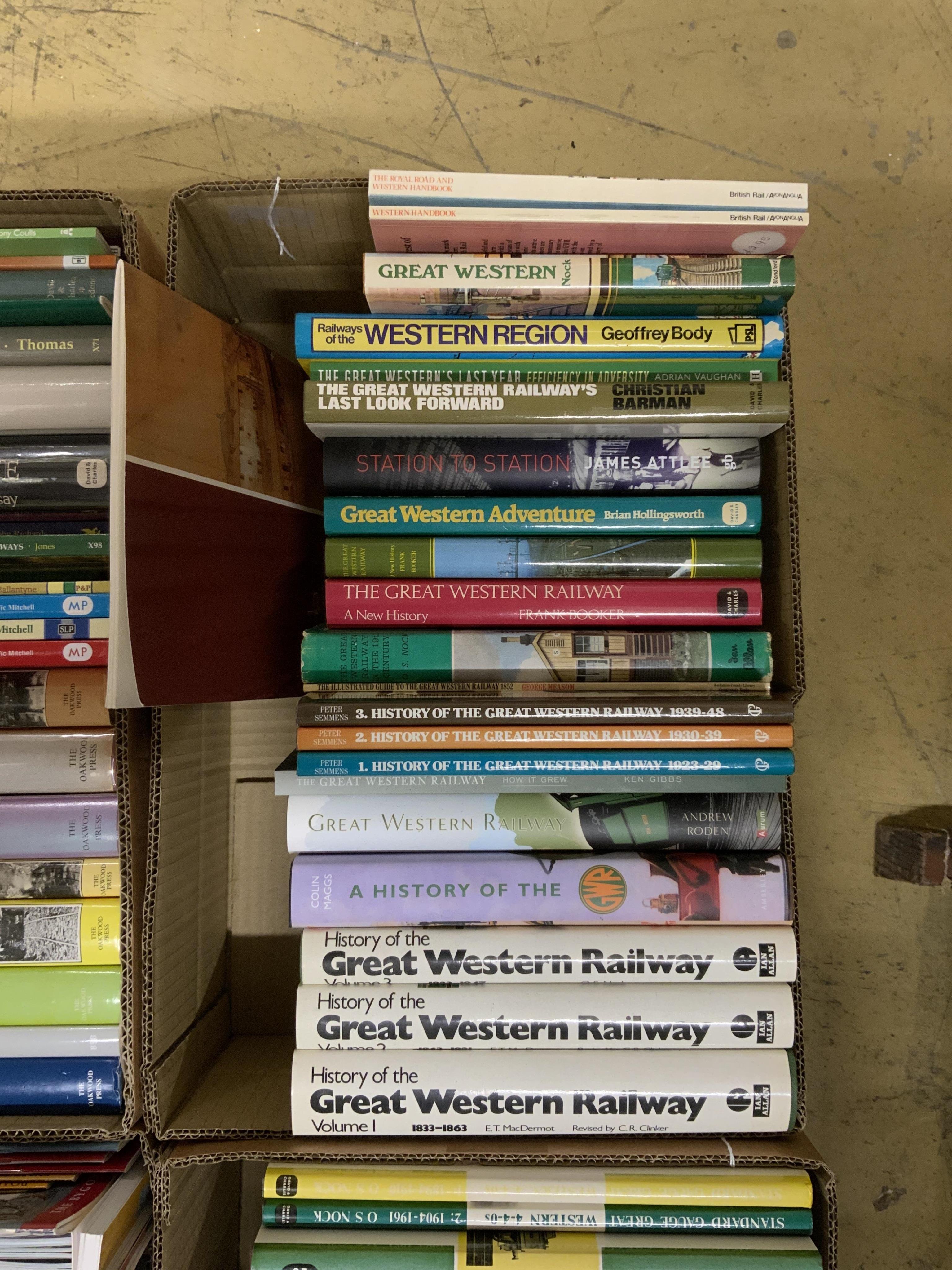 Eight boxes of railway related books, subjects include; the Great Western Railway, industrial locomotives, North British Railway, the Ffestiniog Railway, etc. publishers include; Oakwood Press, Pen & Sword, Ian Allan, Da